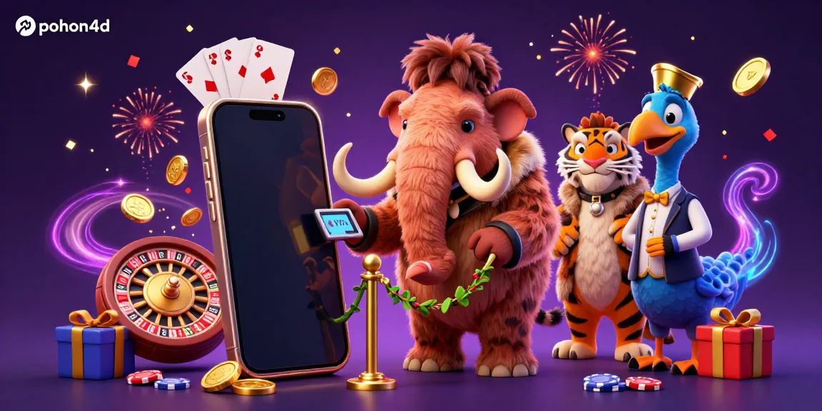 Engage with pohon4d in a vibrant casino scene featuring a woolly mammoth bouncer and saber-tooth VIP.