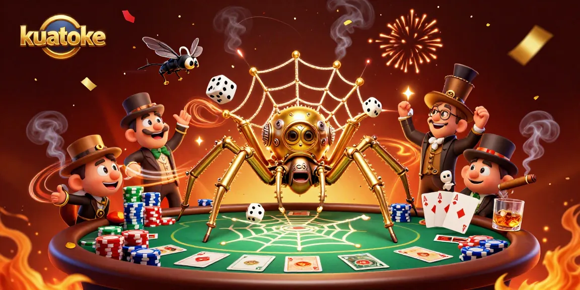Kuatoke showcases a 3D steampunk spider ensnaring unlucky dice in a rich casino scene.