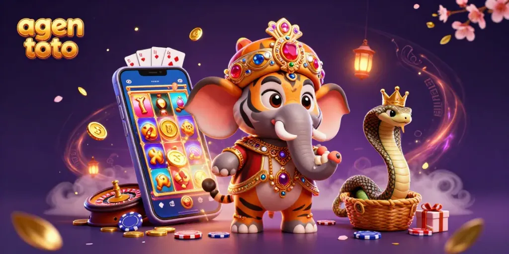 Gambarkan agen toto yang terlibat dalam permainan sederhana di kasino online dengan elemen ceria.