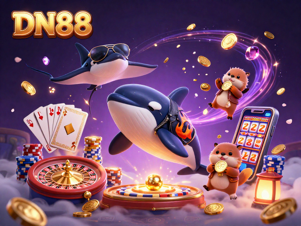 Experience thrilling gameplay at DN88 with an orca whale and friends winning golden coins in a vibrant, animated casino.
