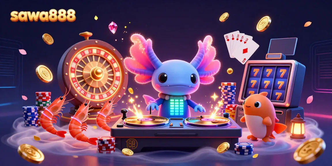 Experience the vibrant energy of sawa888 with a lively 3D casino scene featuring neon characters.