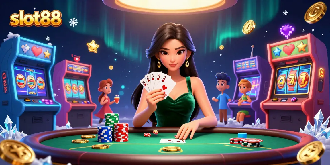 Spin to win with slot88 as a stunning Asian woman plays at a luxury poker table.