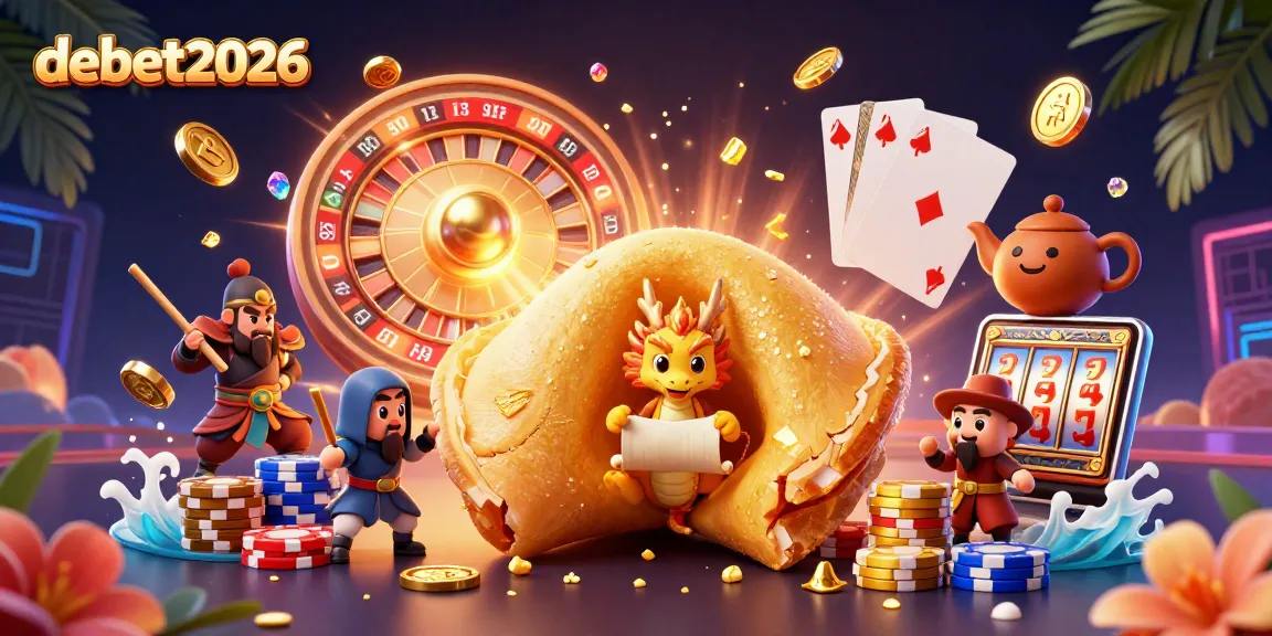 Experience the thrill of debet2026 with a vibrant illustration of casino elements and a golden fortune cookie.