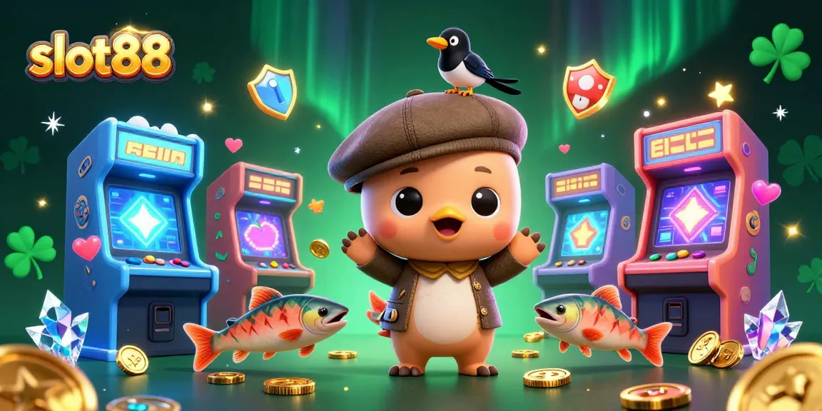 Spin to win with slot88 in a vibrant arcade casino scene featuring colorful game elements and playful characters.