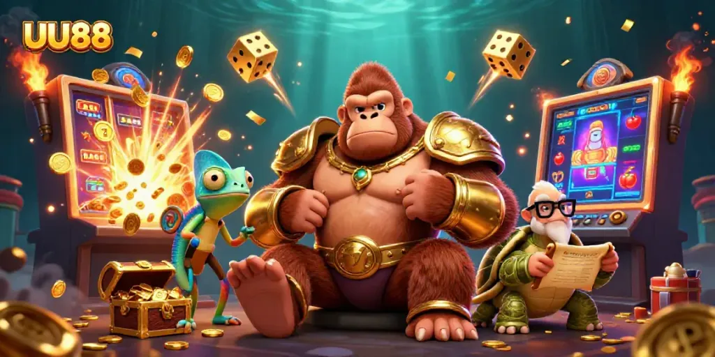 Experience thrilling gameplay with UU88 featuring a powerful gorilla, chameleon, and tortoise in a vibrant casino scene.