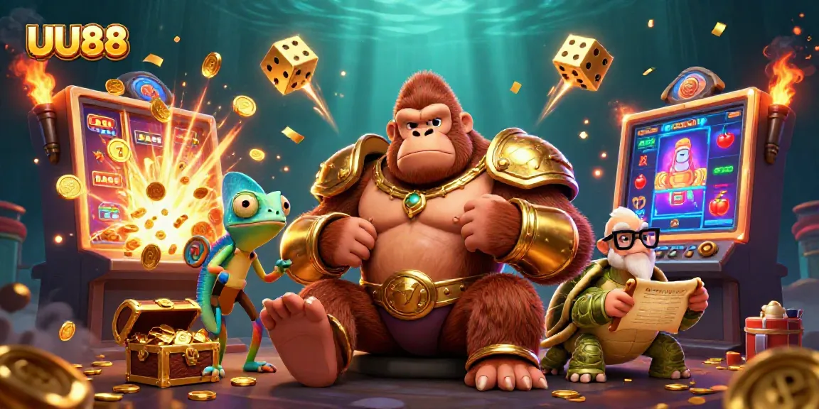 Experience thrilling gameplay with UU88 featuring a powerful gorilla, chameleon, and tortoise in a vibrant casino scene.