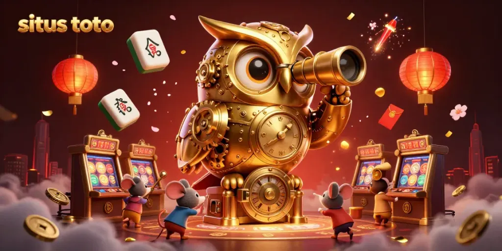Engage with situs toto through exciting 3D illustration showcasing a golden owl and casino scenes.