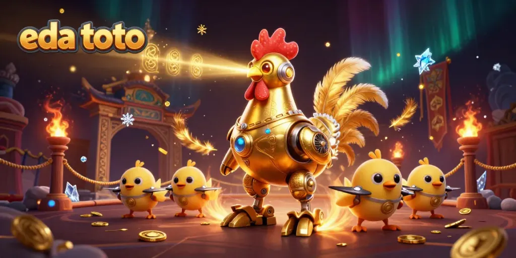 Engage with eda toto's exciting 3D illustration featuring a golden rooster robot and baby chick drones in a dynamic casino scene.