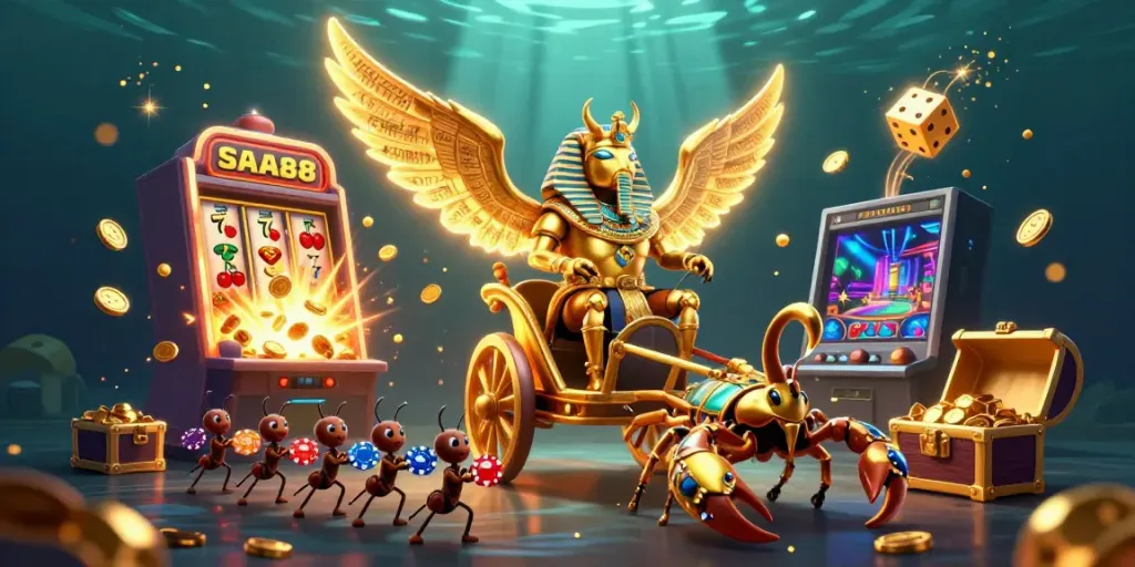 Experience the excitement of SAWA888 with a vibrant 3D gaming scene featuring a golden scarab beetle and dazzling slot machine.