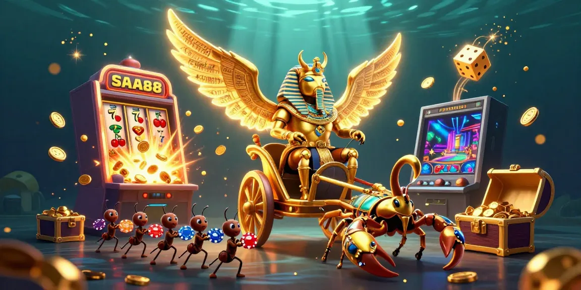 Experience the excitement of SAWA888 with a vibrant 3D gaming scene featuring a golden scarab beetle and dazzling slot machine.