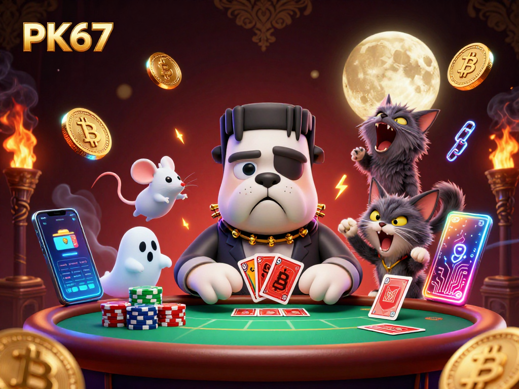 Join PK67 for a thrilling poker experience with unique characters in a vibrant casino atmosphere.