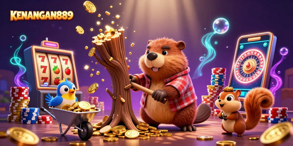 Engage with KENANGAN889's vibrant casino scene showcasing playful characters collecting gold coins.