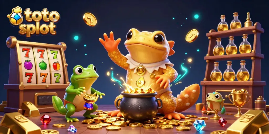 Experience the excitement of toto slot with a lively 3D illustration featuring magical alchemy and gold treasures.