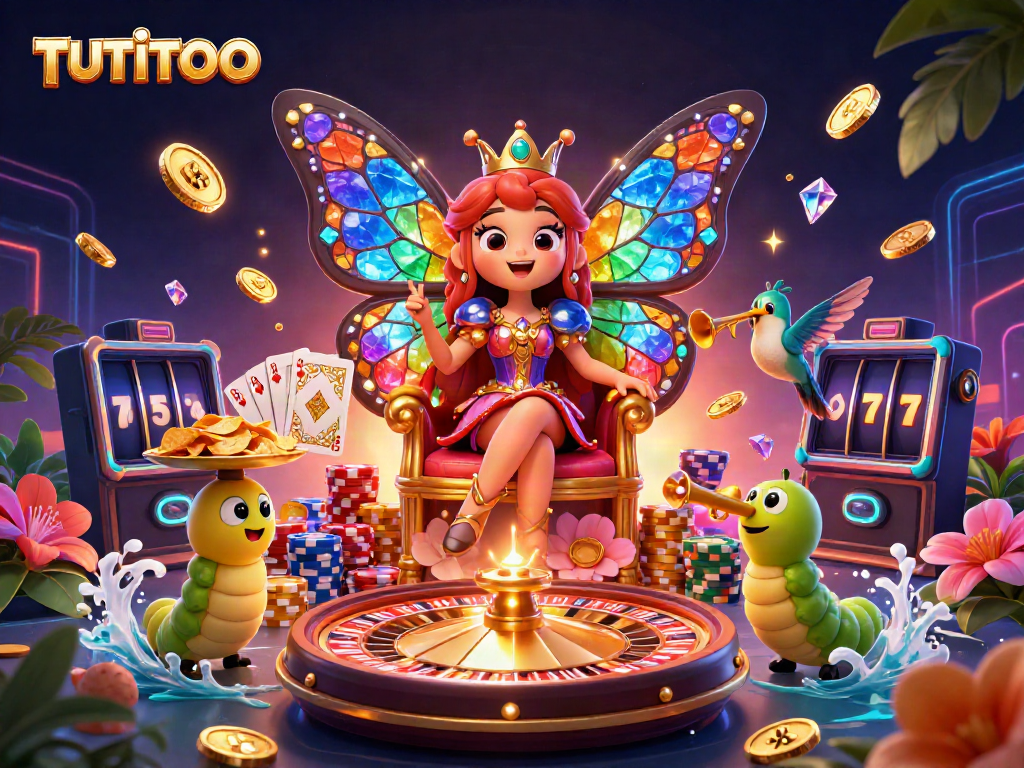 Engage with TUTITOTO casino through a vibrant scene featuring a butterfly queen and dazzling gaming elements.
