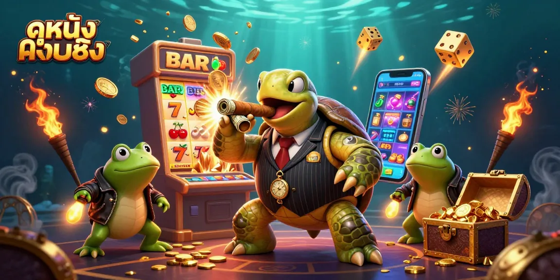 Experience ดูหนังออนไลน์ at a dynamic casino scene featuring a snapping turtle and bullfrogs amid slot machines.
