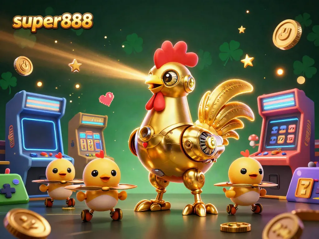 Permainan slot super888 dengan robot ayam emas futuristik dan mesin permainan cerah.