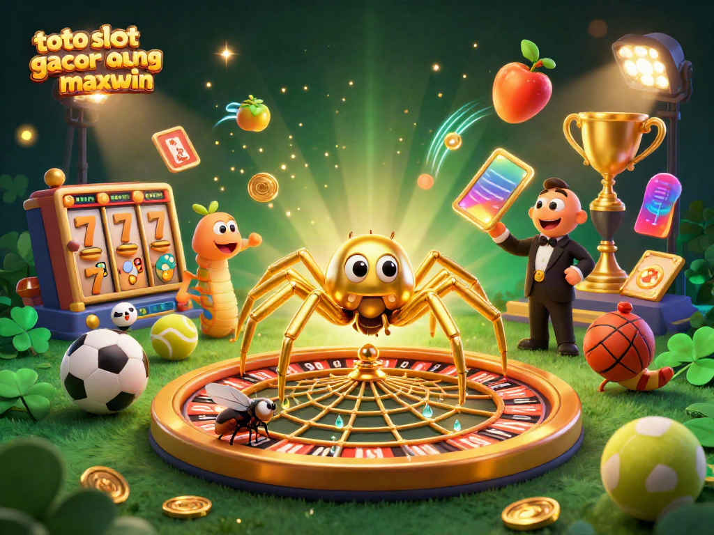 Slot gacor gampang maxwin: ilustasi 3D menarik dengan laba-laba emas dan simbol buah.