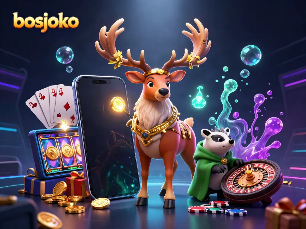 Bosjoko's vibrant 3D scene showcases Celtic characters celebrating wins with golden coins and slot games.