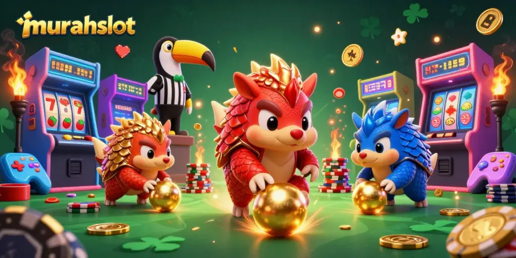 Compete with murahslot: 3D pangolins in battle over golden poker chips and arcade games.