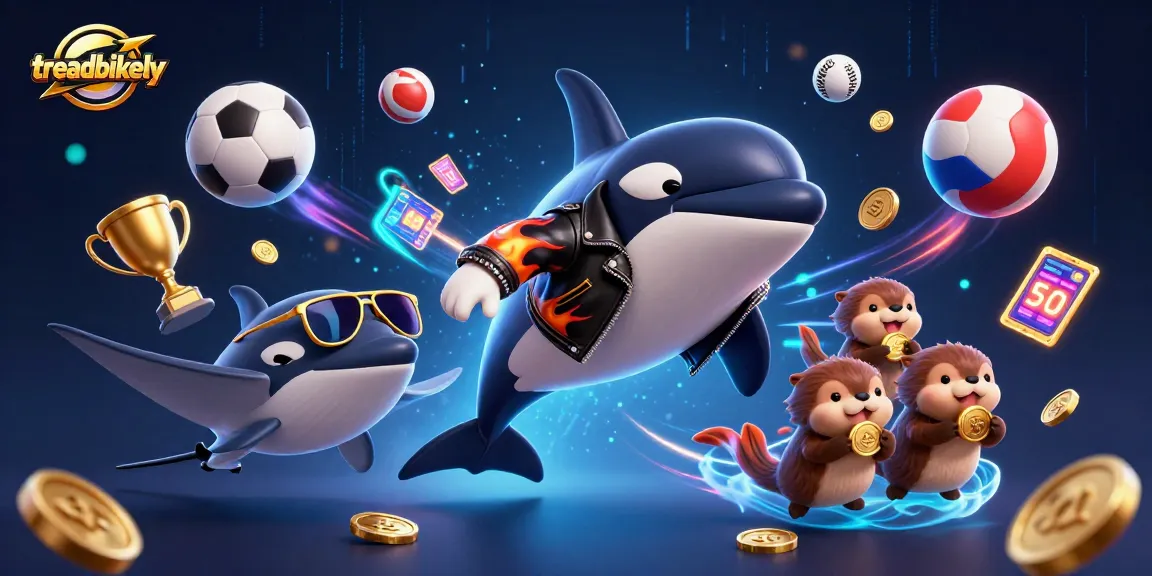 Treadbikely showcases an orca whale in a biker jacket soaring alongside a stingray, while sea otters clutch golden coins, emphasizing sports betting excitement.