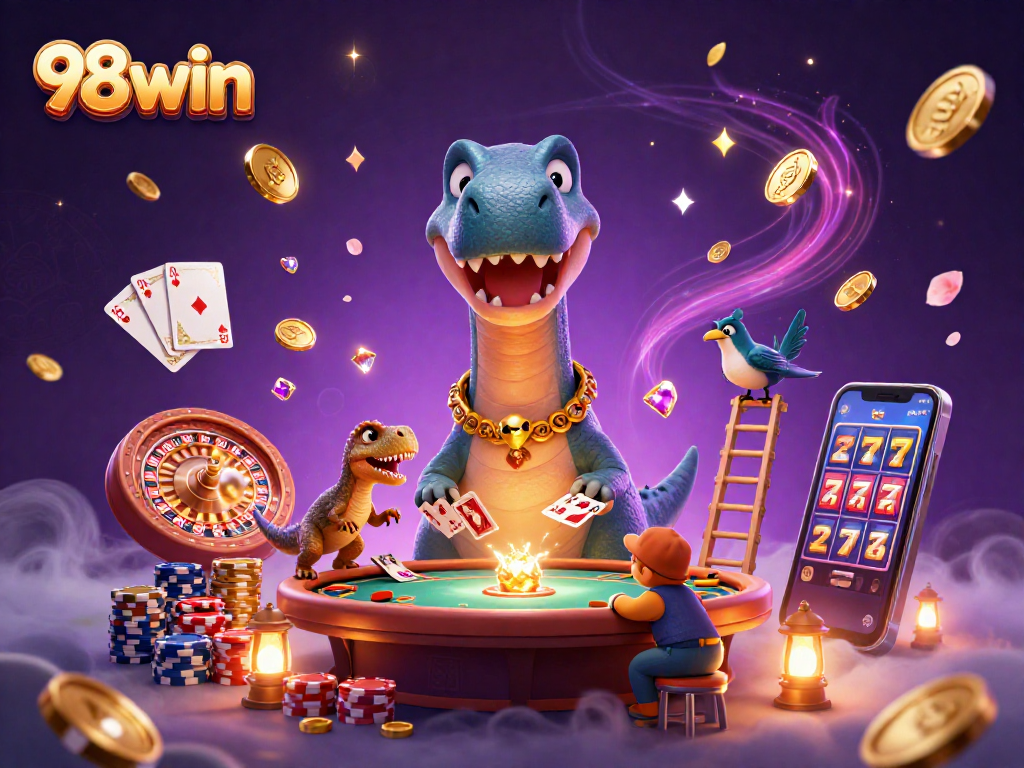 Experience thrilling gaming action at 98win with a vibrant casino scene filled with excitement and wonder.