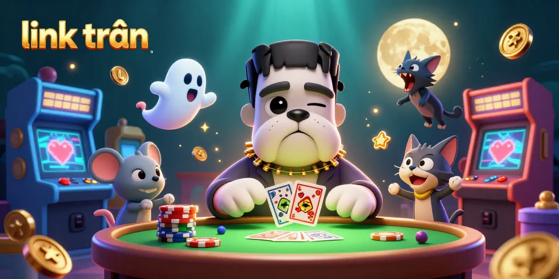 Engage with link trần at the haunted casino table, surrounded by spooky characters and arcade elements.