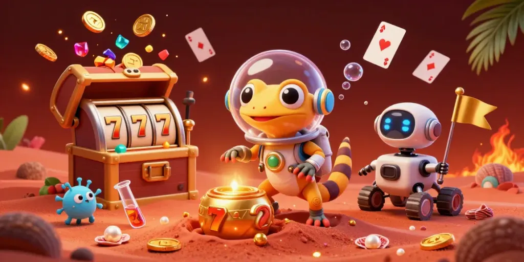 Mainkan permainan slot di dewabos138 dengan gecko Martian dan kasino emas yang menggairahkan.