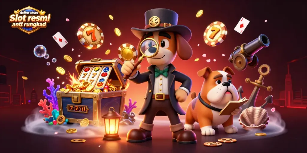 Spin to win with daftar akun slot resmi anti rungkad in vibrant colorful 3D casino illustration.