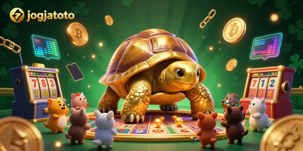 Engage with jogjatoto at the lively casino filled with golden tortoises and colorful slot elements.