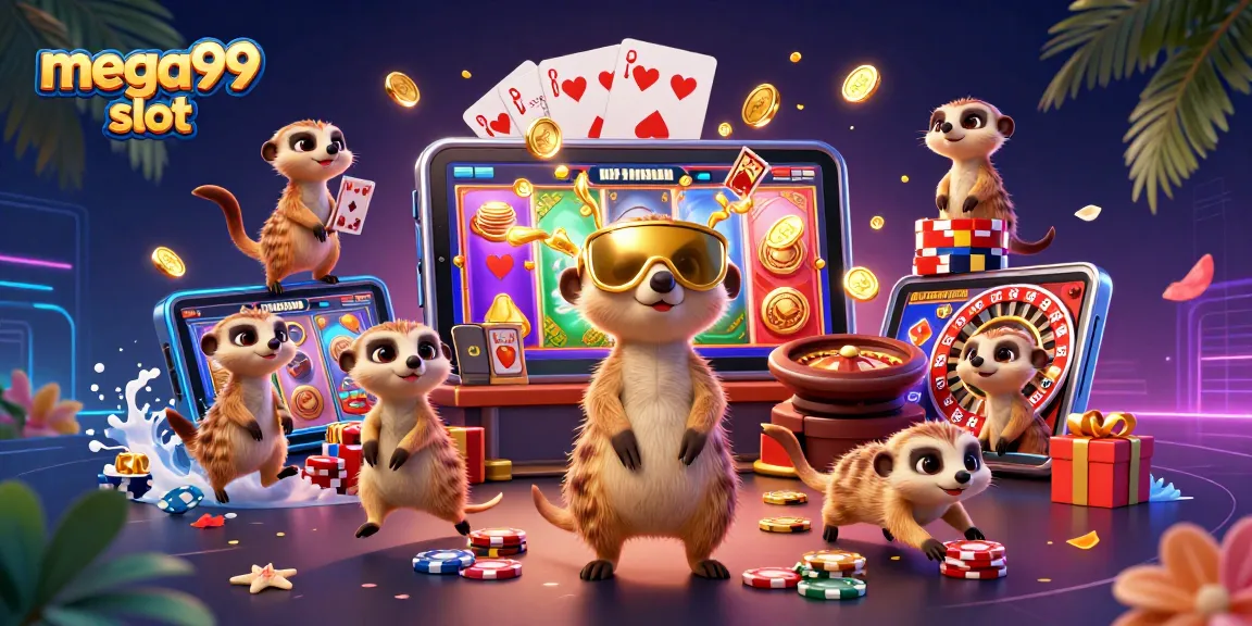 Experience the mega99 slot adventure with a dynamic meerkat casino scene, vibrant game elements, and golden wins!