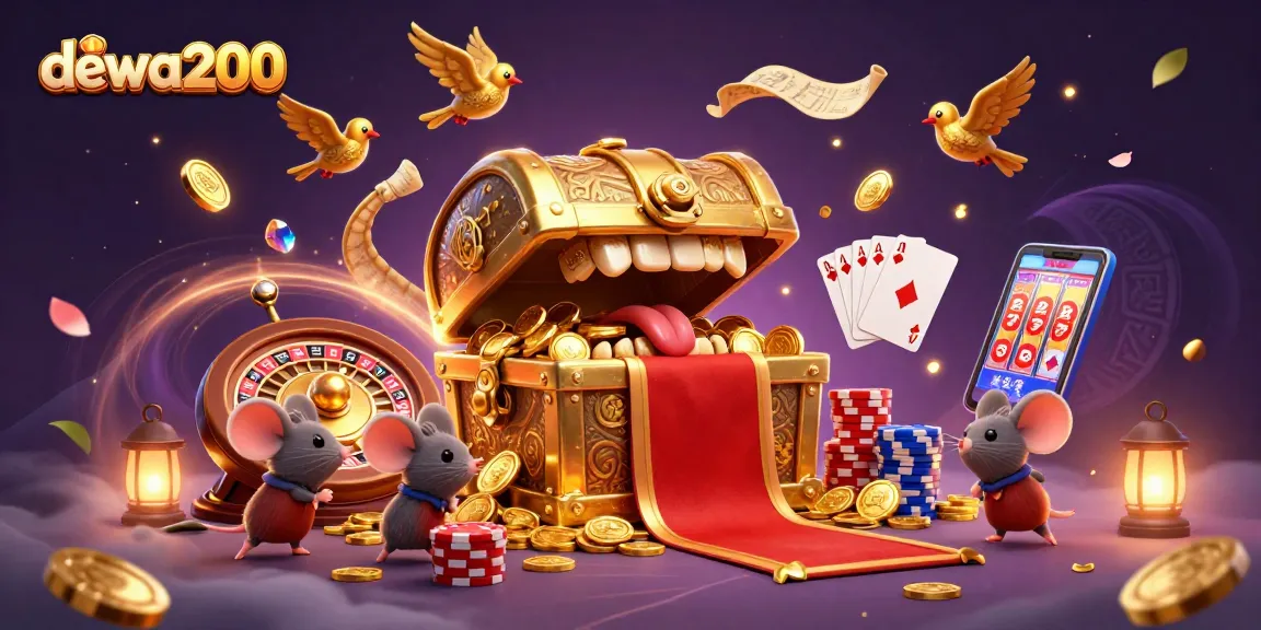 dewa200 menarik pemain dengan harta karun 3D dan elemen kasino, termasuk koin emas dan kartu.