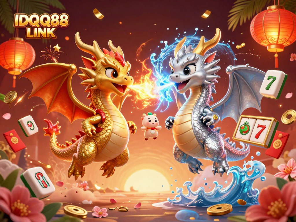 Engage with IDQQ88 LINK in a dynamic 3D casino scene featuring vibrant dragons and exciting slot elements.