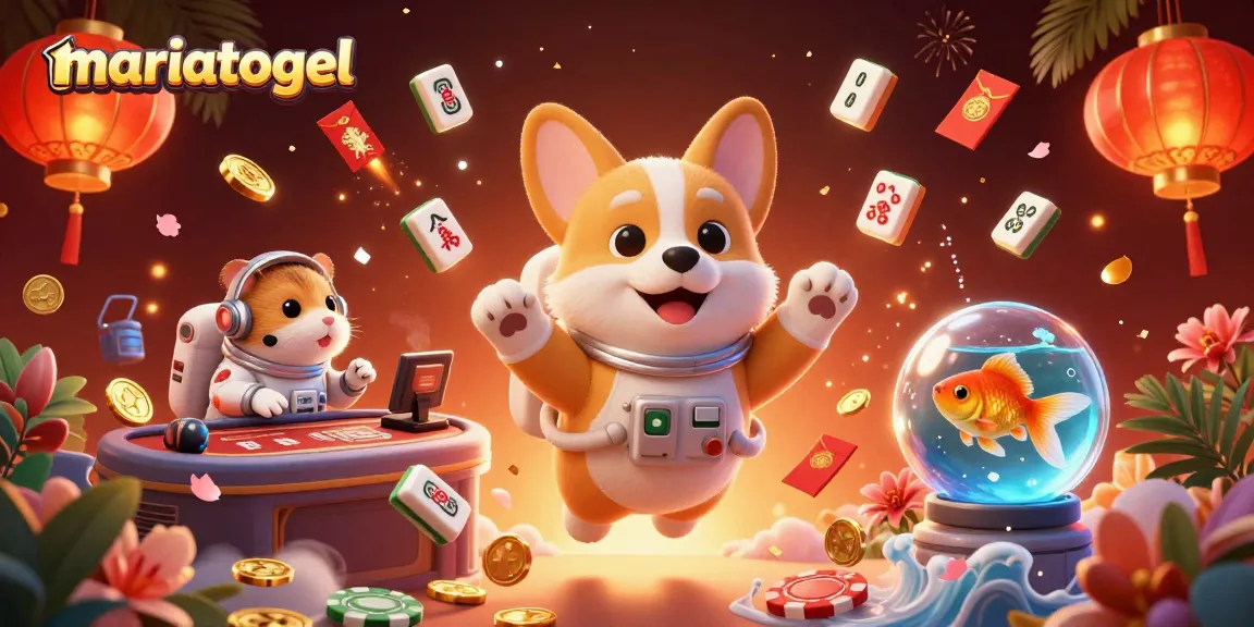 Engaging illustration of mariatogel featuring a corgi in space surrounded by poker chips and mahjong tiles.