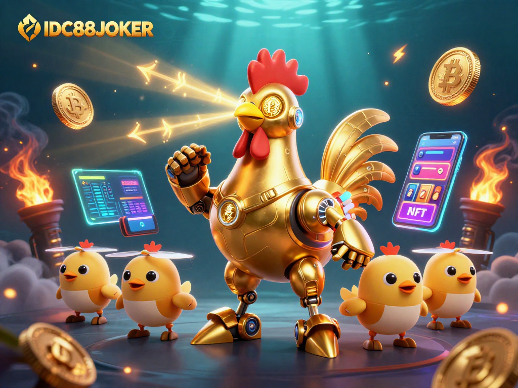 Engage in thrilling gameplay at IDC88JOKER with vibrant slot reels, laser-shooting characters, and crypto elements.