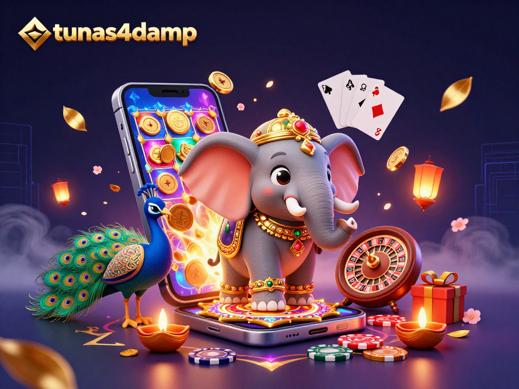Engage with tunas4damp's vibrant gaming landscape featuring colorful slot games and festive elements.