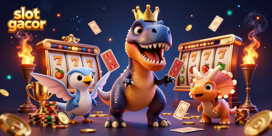 Slot gacor menampilkan T-Rex lucu dan teman-temannya bermain kartu dalam suasana kasino yang meriah.