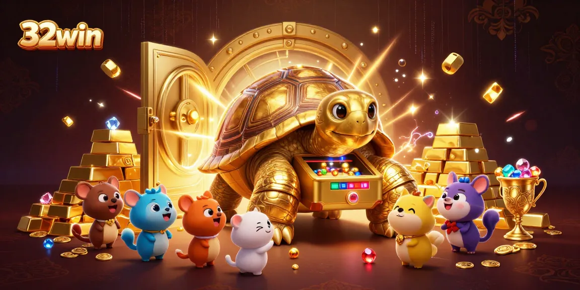 Play exciting games at 32win with our vibrant casino scene featuring jackpot treasures and animated characters.