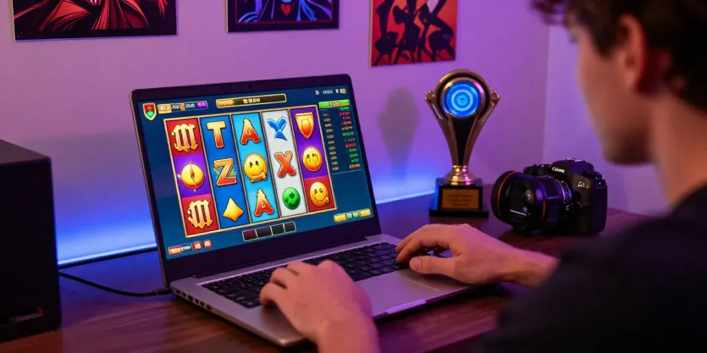 Permainan slot online NAGAHOKI303 yang menarik di ruang gaming dengan laptop modern.