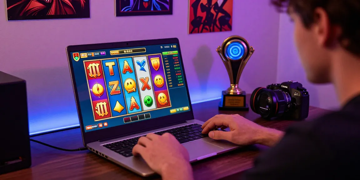 Permainan slot online NAGAHOKI303 yang menarik di ruang gaming dengan laptop modern.