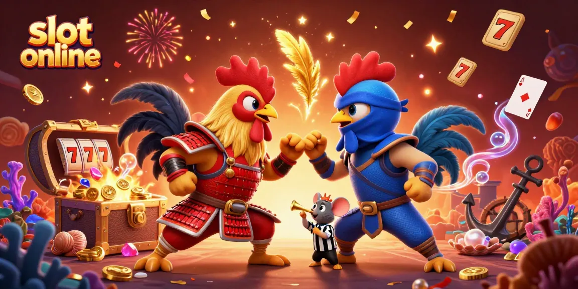 Slot online yang menarik dengan ayam aduan di arena, dikelilingi harta karun dan simbol