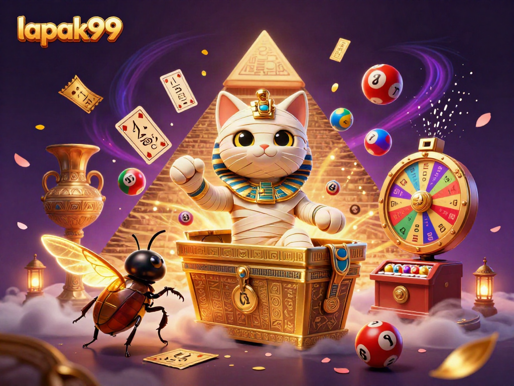 Experience the excitement of lapak99 with vibrant lottery balls and a golden sarcophagus in a thrilling casino scene.