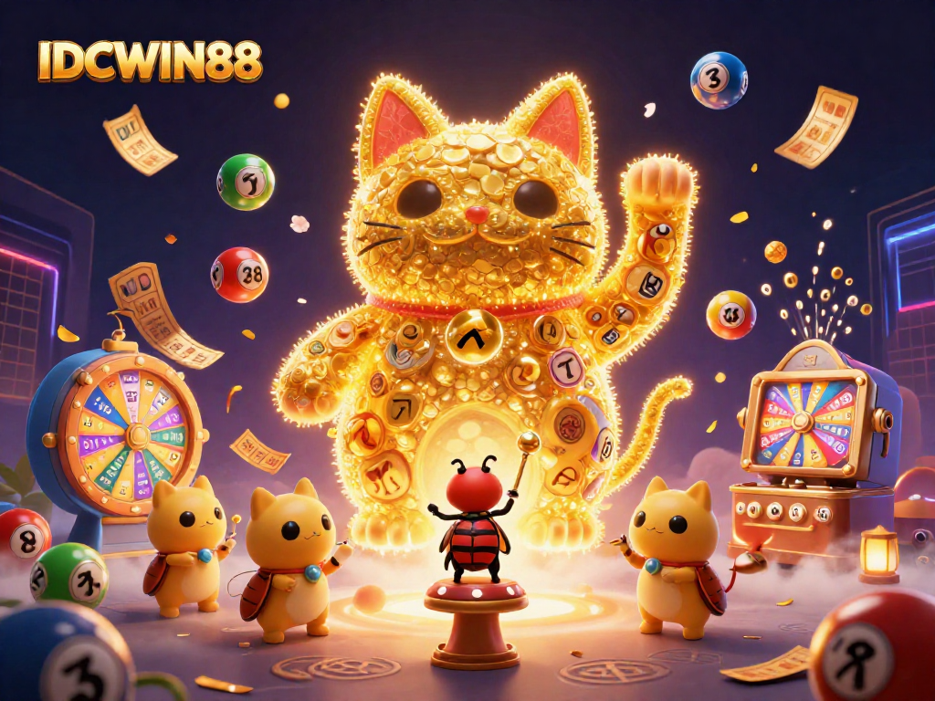 Engage with IDCWIN88 through colorful lottery elements and a dynamic lucky cat scene.