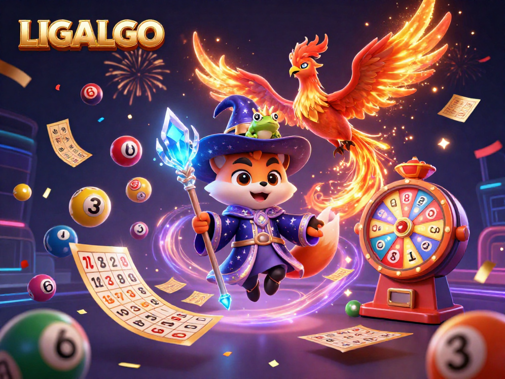 LIGALGO offers exciting gameplay with a dazzling wizard fox and phoenix, surrounded by vibrant gaming elements.