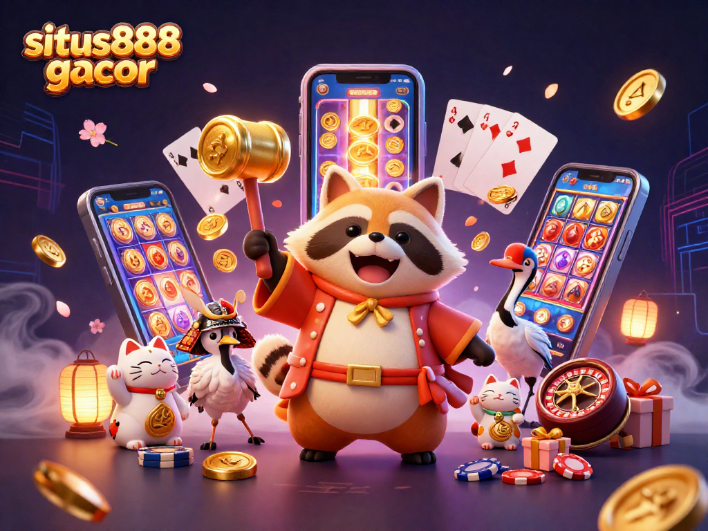 situs888 gacor showcases winning vibes with cheerful tanuki and samurai crane, surrounded by vibrant casino elements