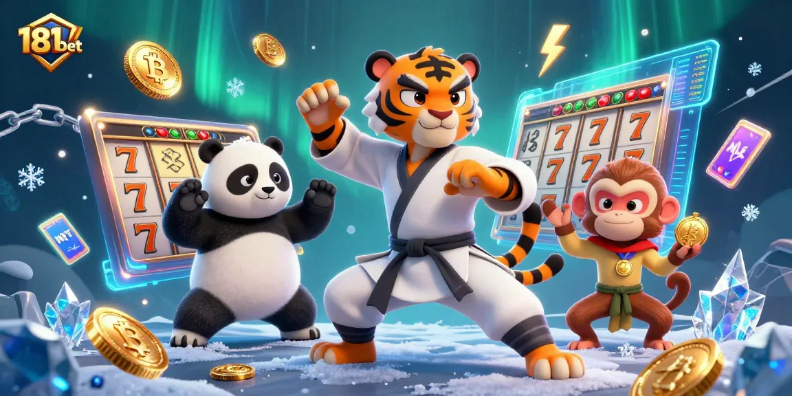 Engage with 181bet's thrilling slot games depicted by kung fu characters surrounded by vibrant gaming elements.