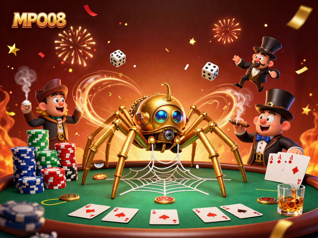 Engage with MPO08's vibrant casino action in a rich 3D illustration featuring steampunk elements and poker excitement.