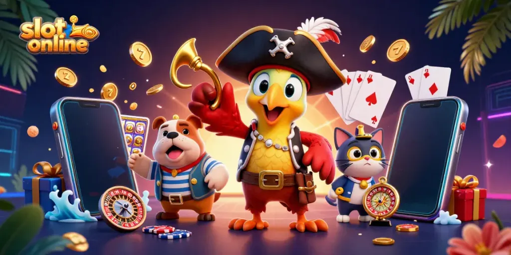 Slot online memperlihatkan karakter kartun 3D yang menyenangkan dengan elemen permainan kasino pada latar belakang yang menarik.