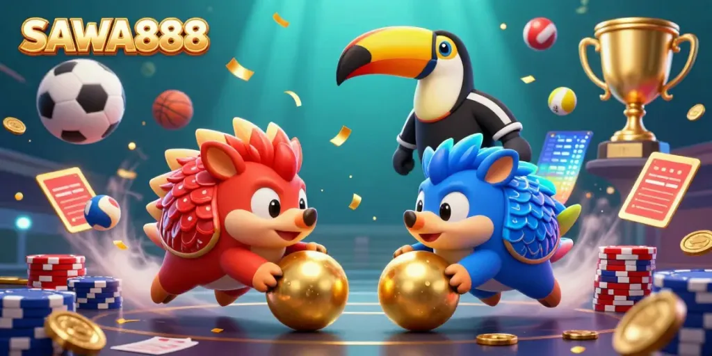 Experience SAWA888 with rival pangolins enjoying a playful bowling game through poker chips.