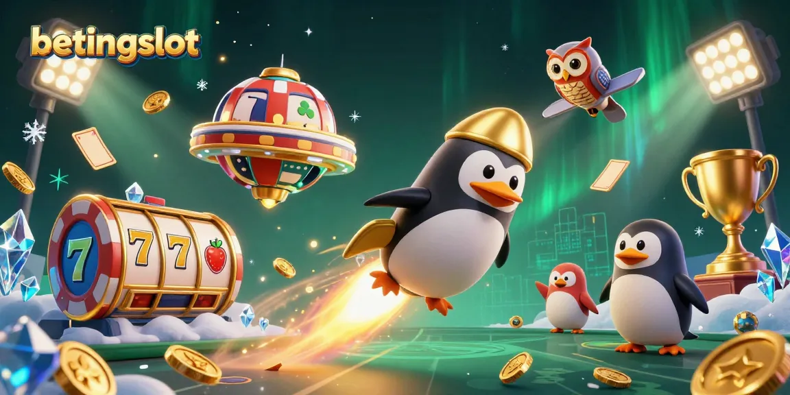 Saksikan kehebatan betingslot melalui ilustrasi yang menampilkan penguin emas berperahu roket di ruang angkasa.