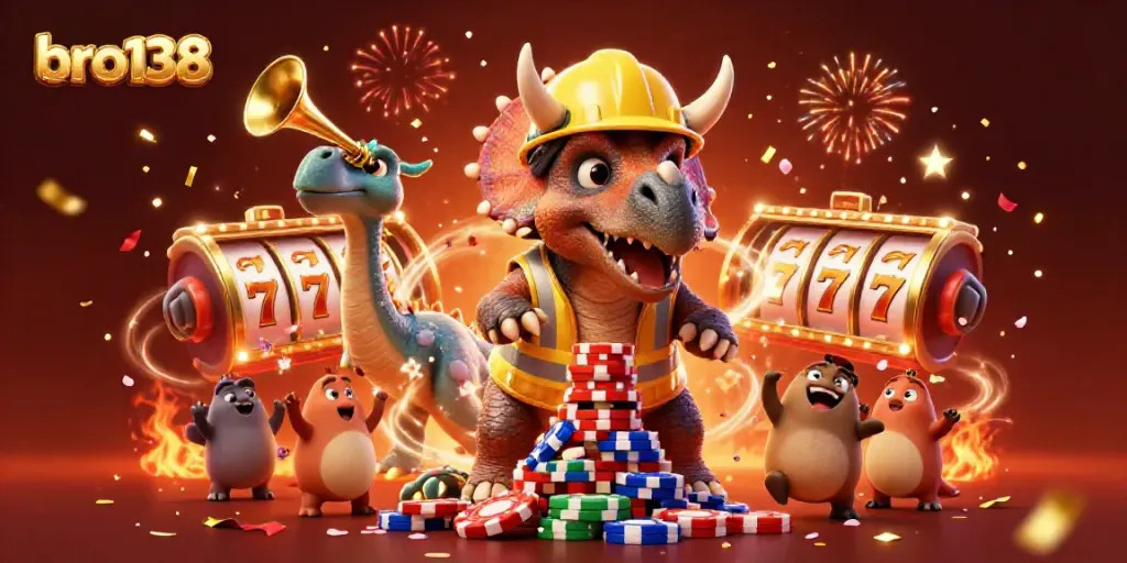 Engage with bro138's vibrant 3D celebration featuring animated characters and slot reels capturing the essence of casino excitement.